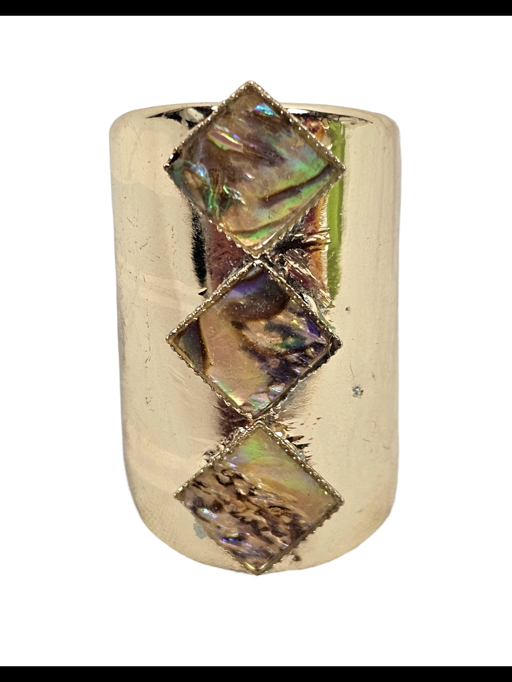 NWOT Gold Cigar Band Ring Abalone Shell Diamond Inlay Boho Statement Size 6